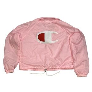 CHAMPION women's pink lined cropped windbreaker with logo on back, size medium.